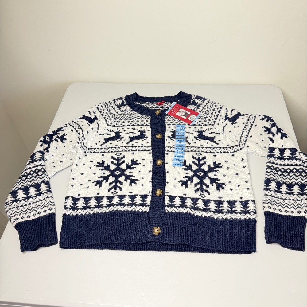 Dec 25th Fair Isle Holiday Cardigan Navy White NWT Womens Large